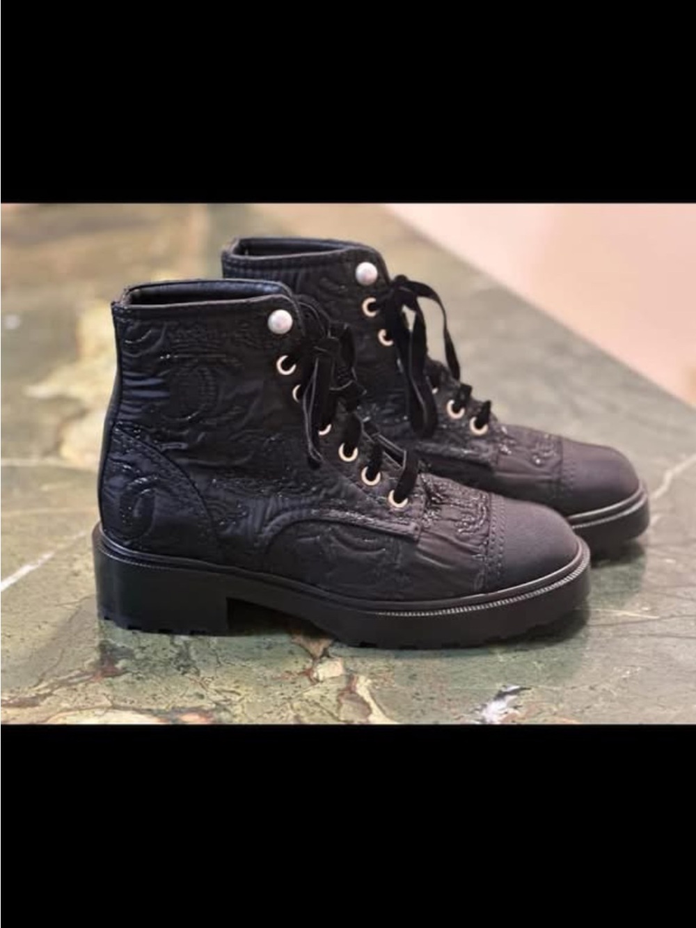 CHANEL Black Embossed Lace-Up Ankle Boots